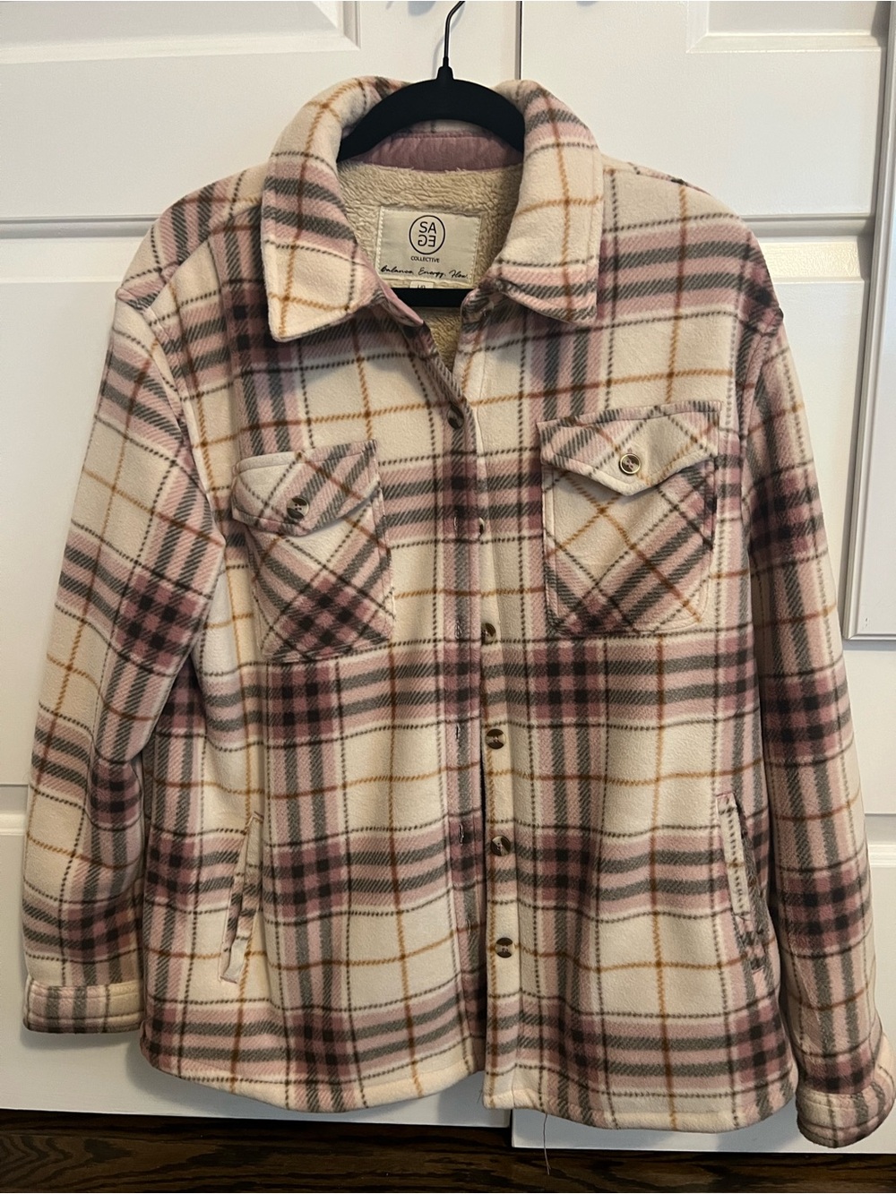 Sage Collective Women’s Size Large Sherpa Flannel Pink Plaid Faux Fur